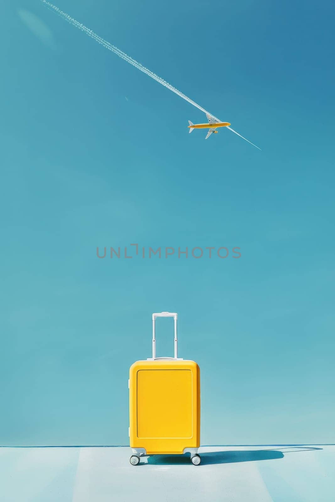 Traveling in style yellow suitcase on blue surface with airplane flying overhead in background