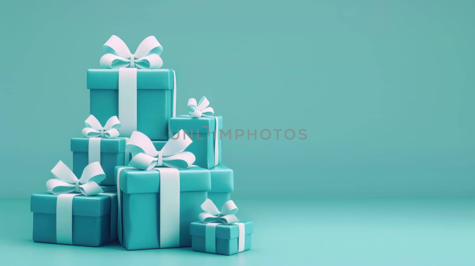 Three blue gift boxes with white ribbons on a turquoise background 3d rendering for travel, business, and fashion themes by Vichizh