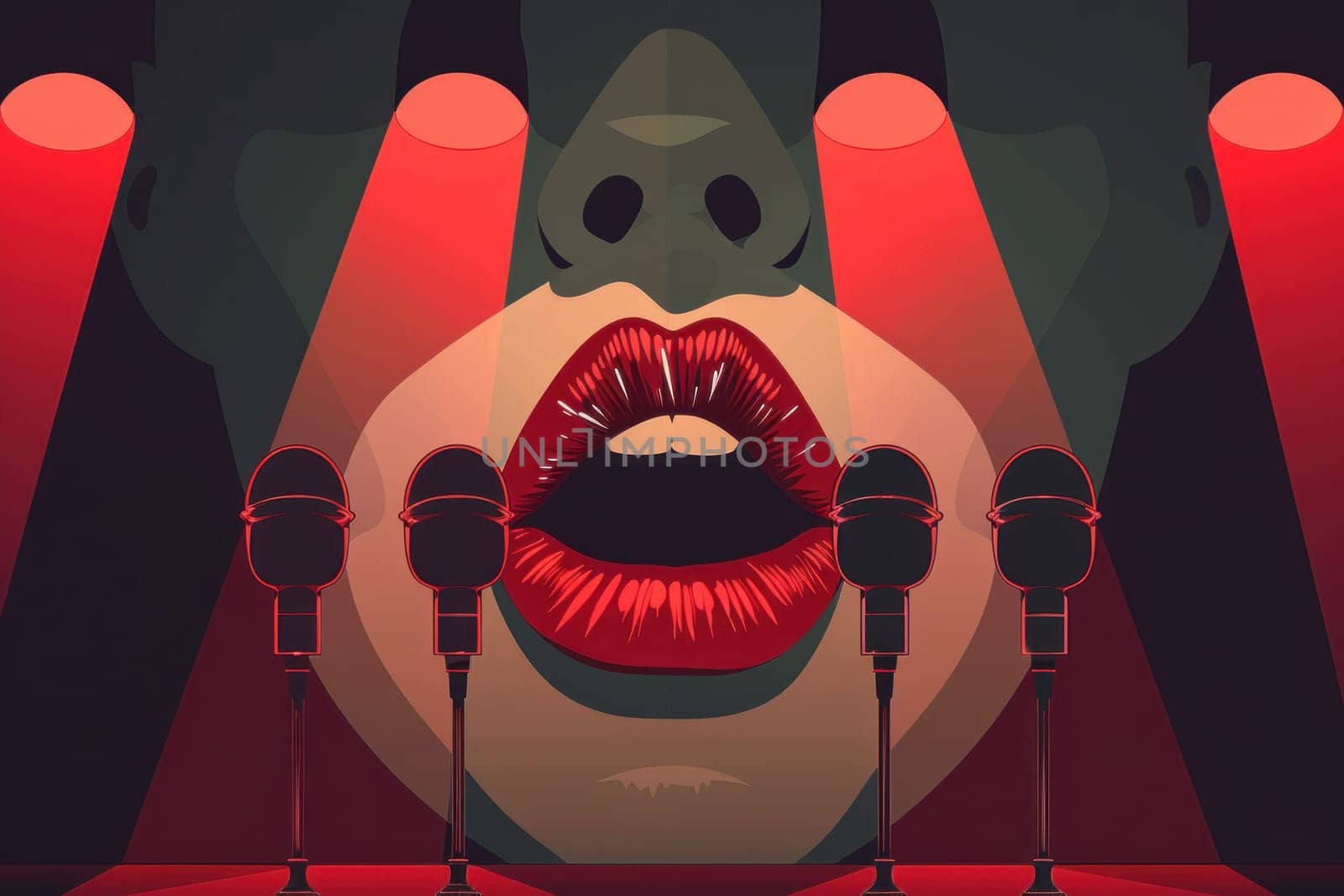 Elegant woman with red lipstick and microphone performing on stage at glamorous event with red lights and spotlight by Vichizh