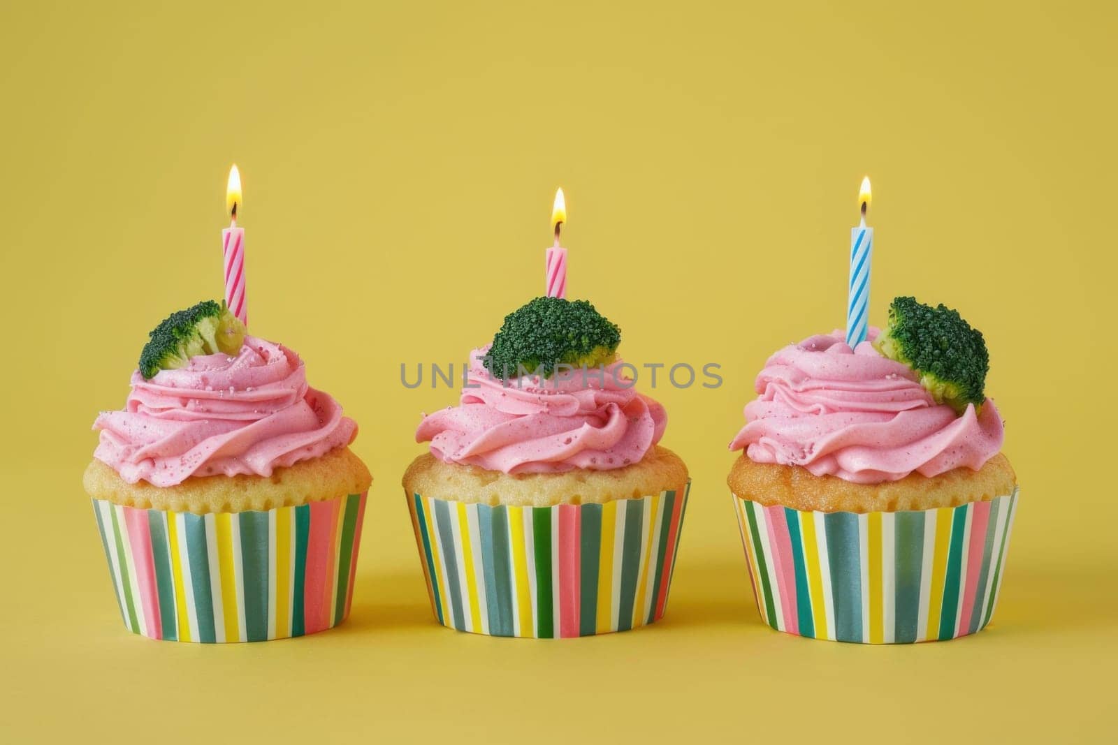 Celebratory pink cupcakes with candles on a vibrant yellow background for festive occasions