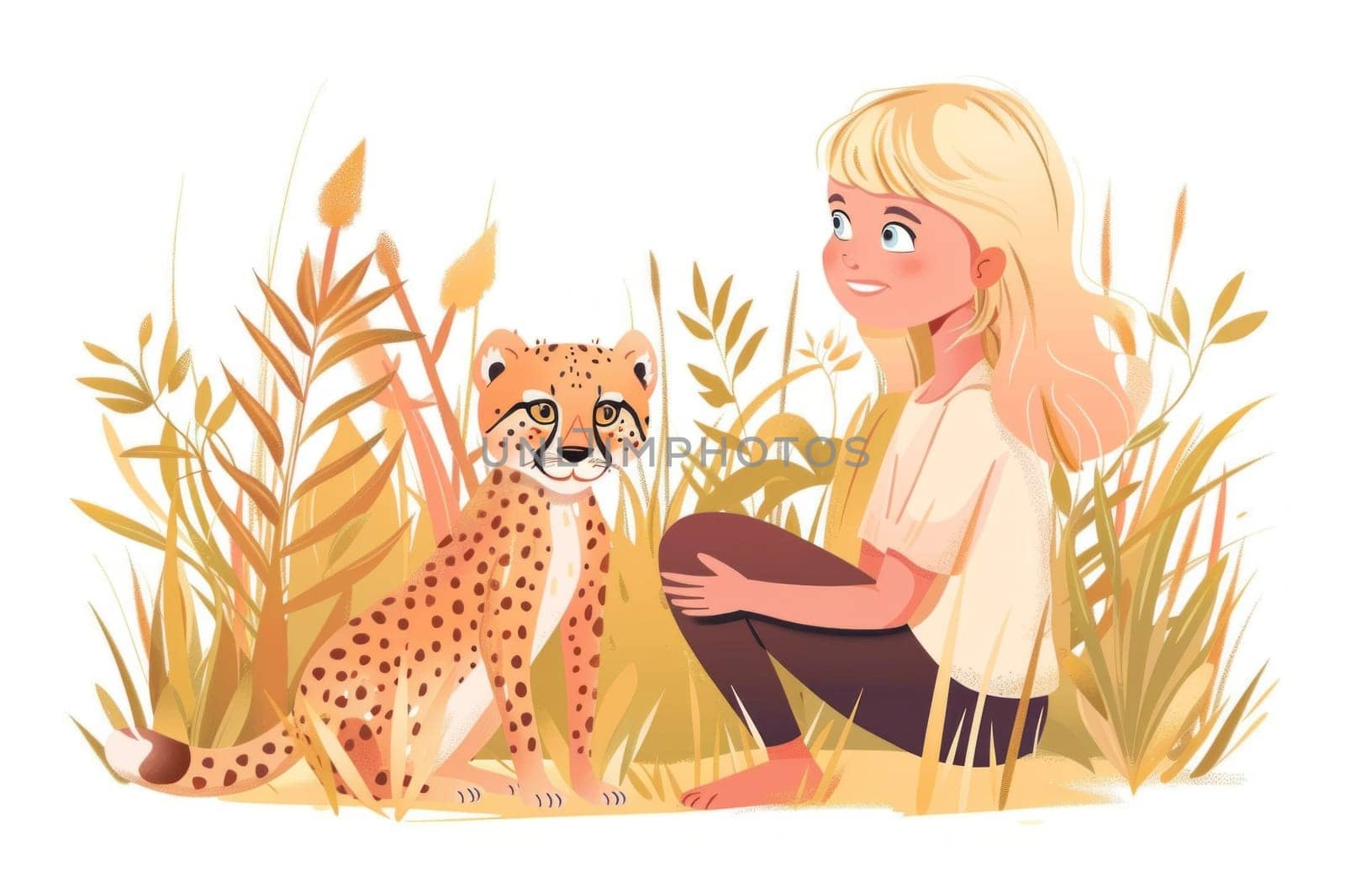 Girl enjoying a safari adventure with cheetah in cartoon style outdoors beauty and wildlife theme