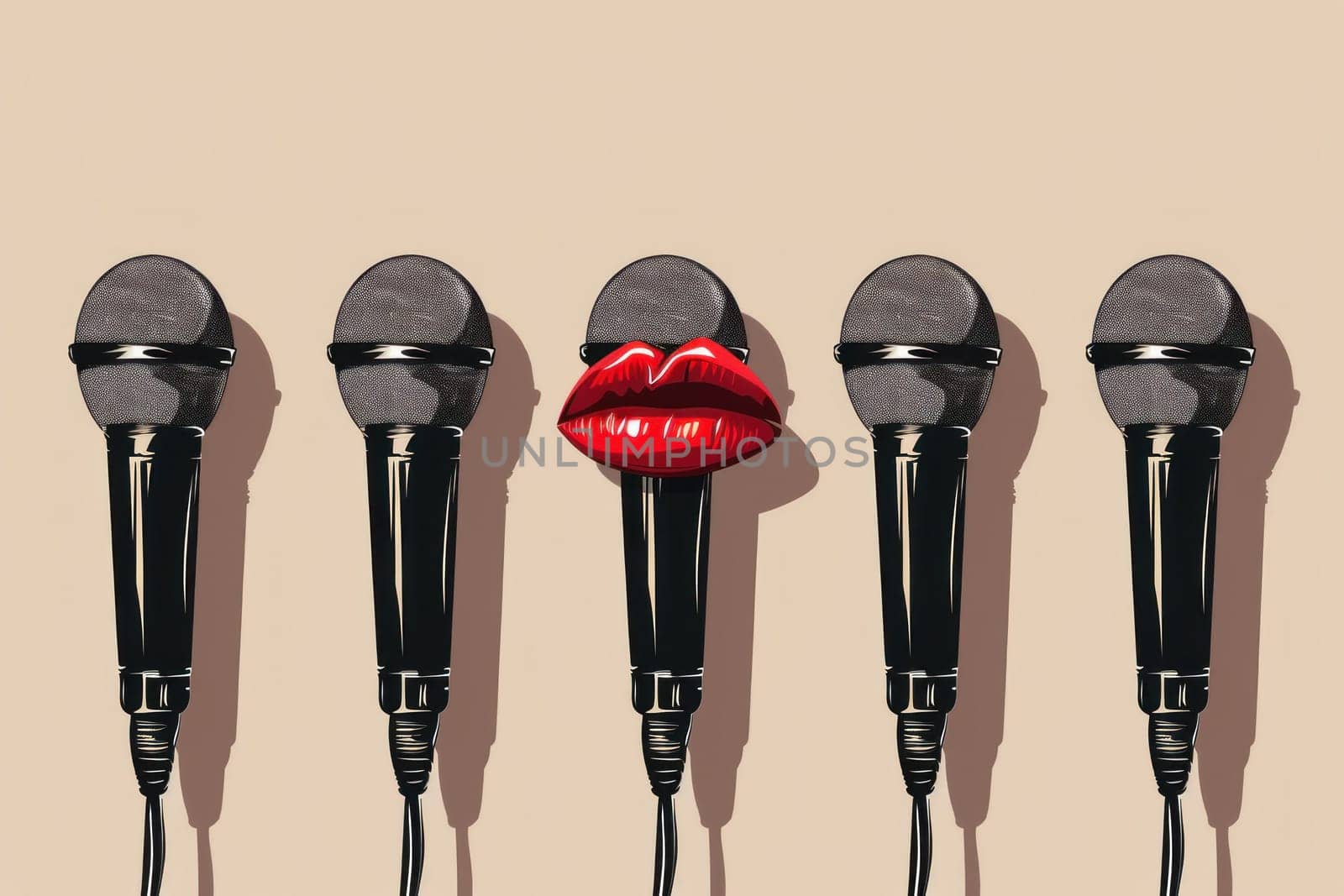 Group of microphones with red lips on one side and microphone with red lip on the other side, fashionable and stylish audio equipment concept by Vichizh