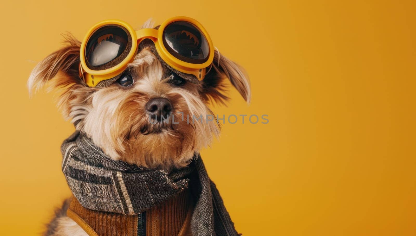 Yorkshire terrier dog wearing goggles on yellow background adventure ready canine companion for stylish travelers