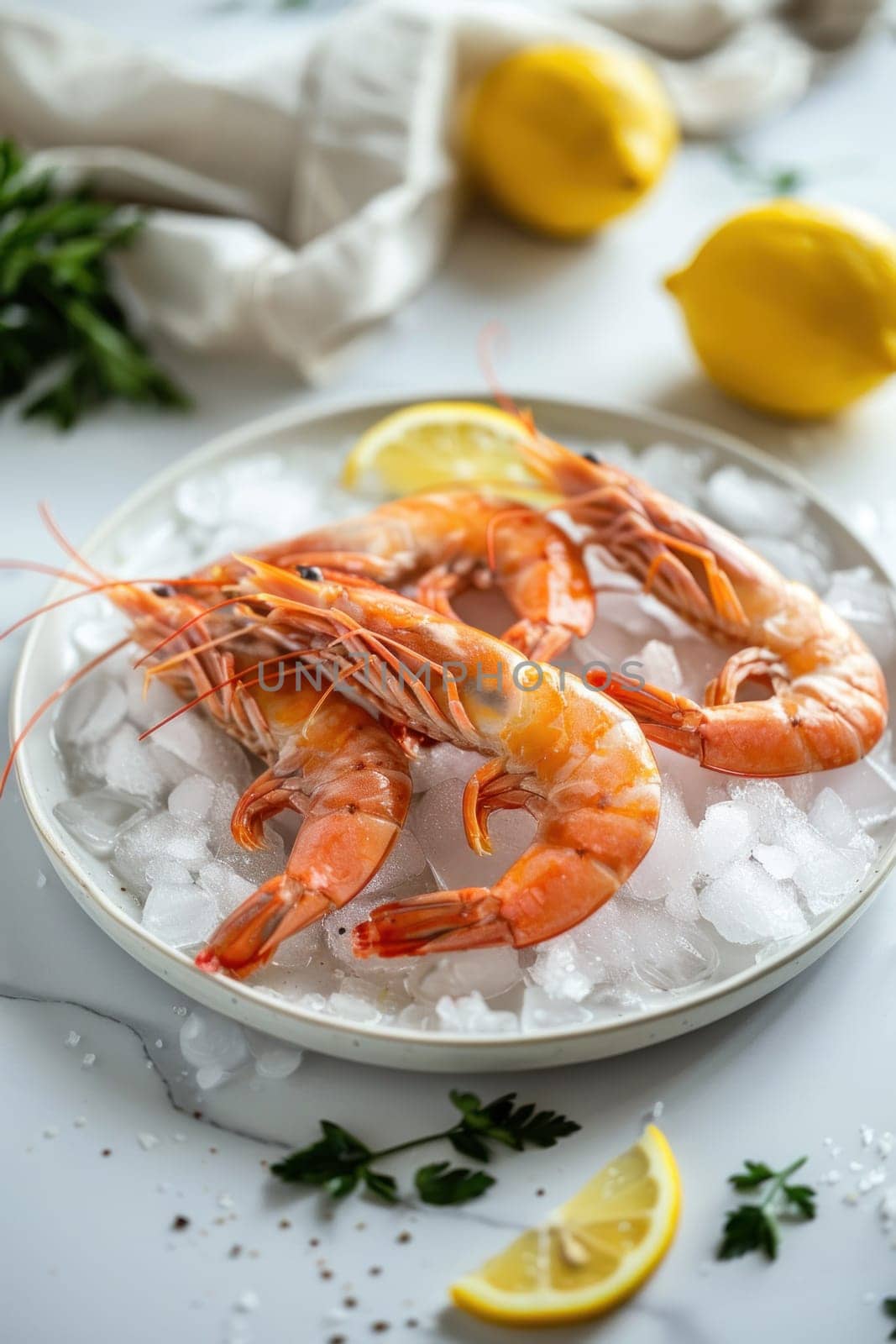 Fresh raw prawns on ice with lemon and parsley, top view food photography on white marble background