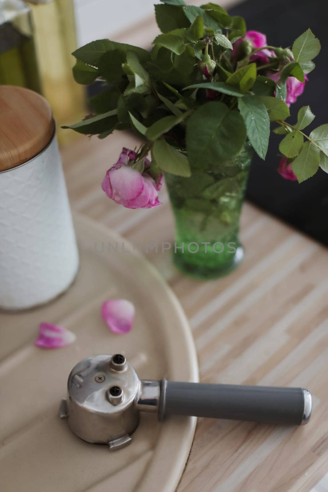 Decorative composition with coffee holder and rose flowers top view, Summer, Cafe, drink and make coffee concept