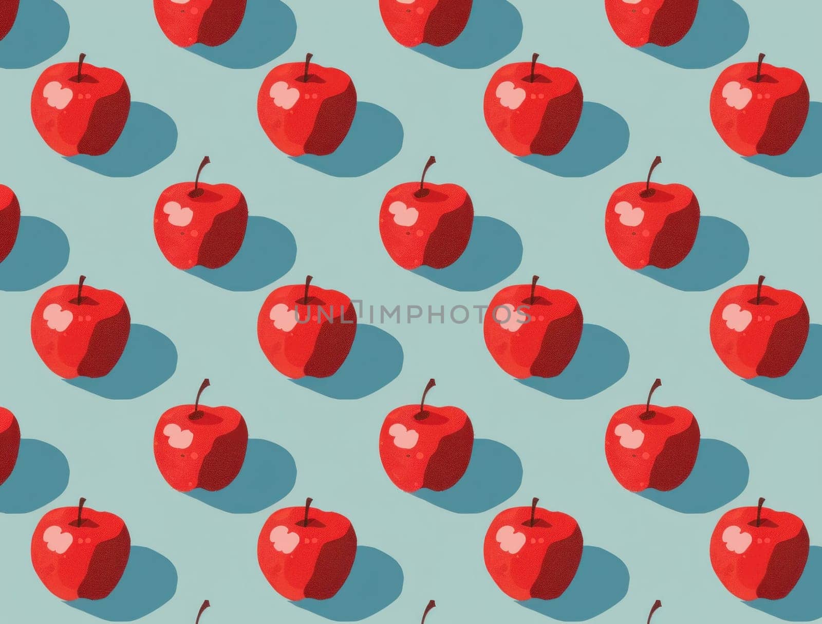 Apple orchard delight vibrant seamless pattern of red apples on blue background with shadows and highlights by Vichizh