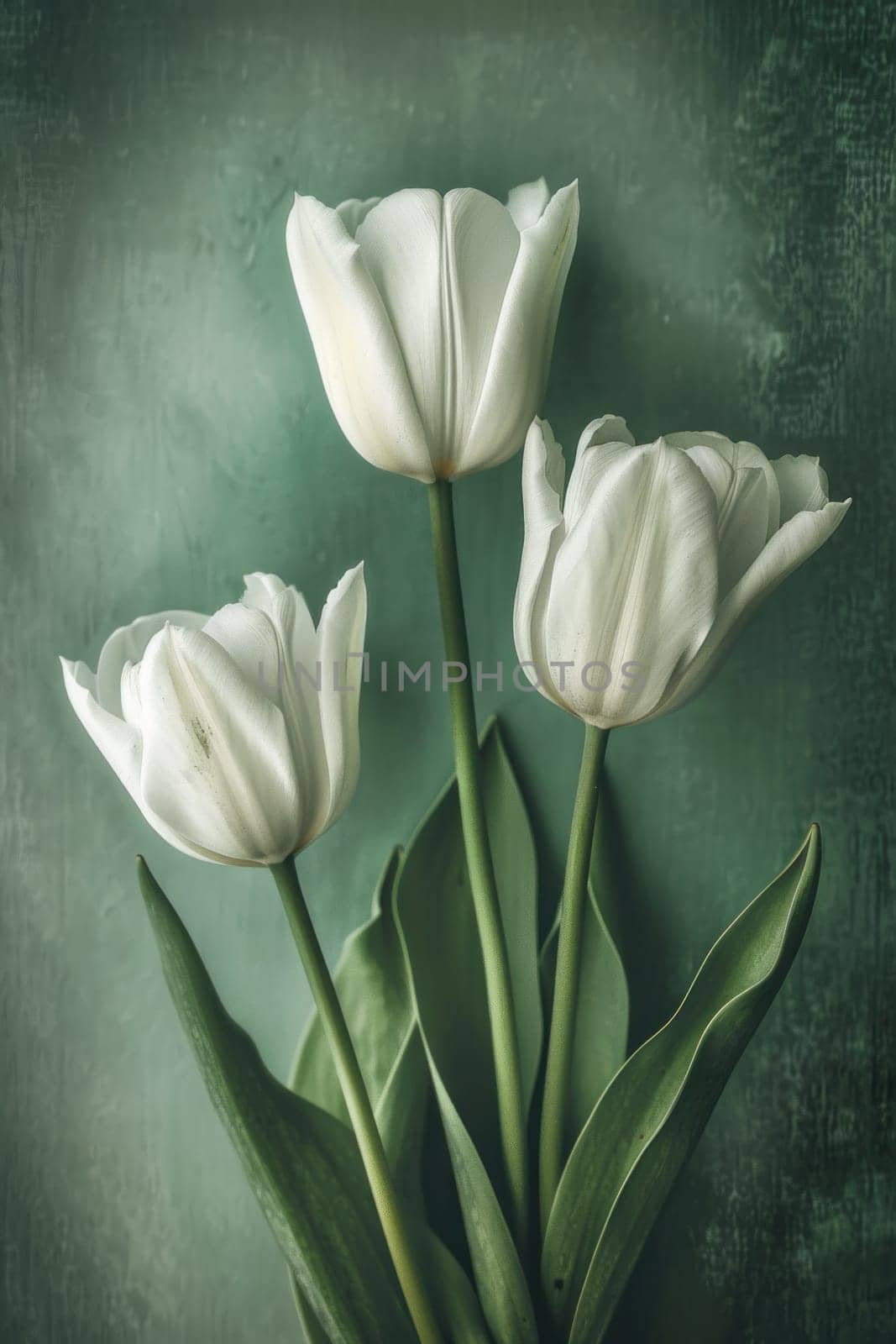 Spring blossoms three elegant white tulips in a vibrant green background symbolizing beauty and renewal