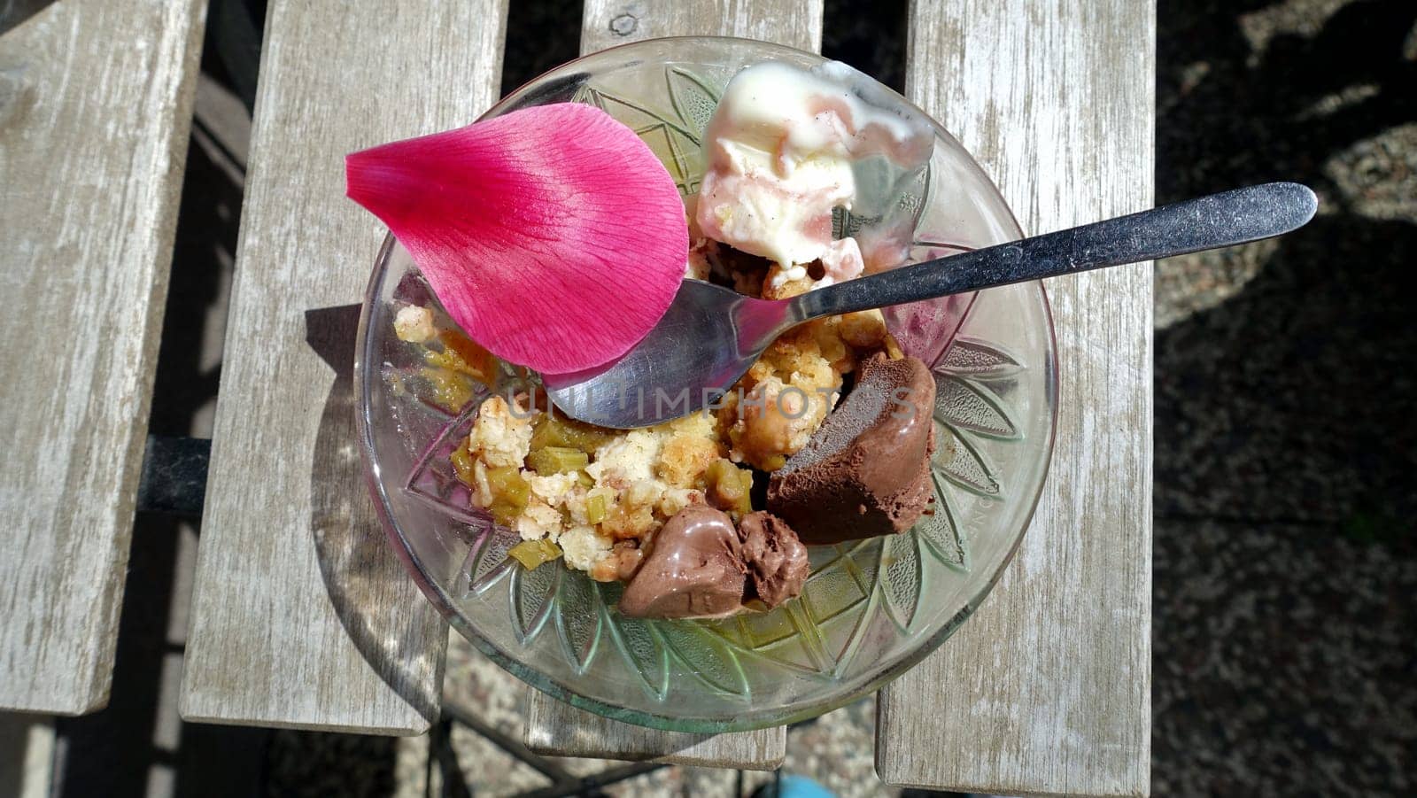 A cup of mixed ice cream with rhubarb, vanilla and chocolate decorated with a flower petal.