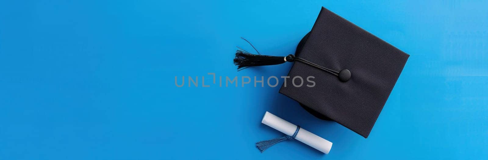 Graduation cap and diploma on blue background with copy space for travel business beauty art concept