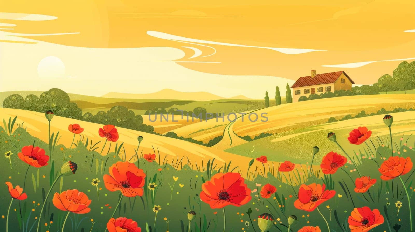 Serenity in the field vibrant poppies and a quaint house in the background on sunny day