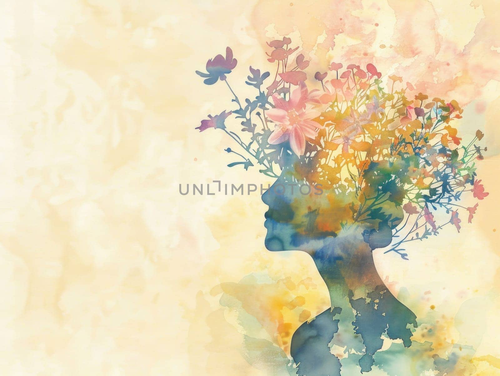 Abstract woman silhouette with flowers in hair on watercolor background, beauty and wellness concept for stock photos