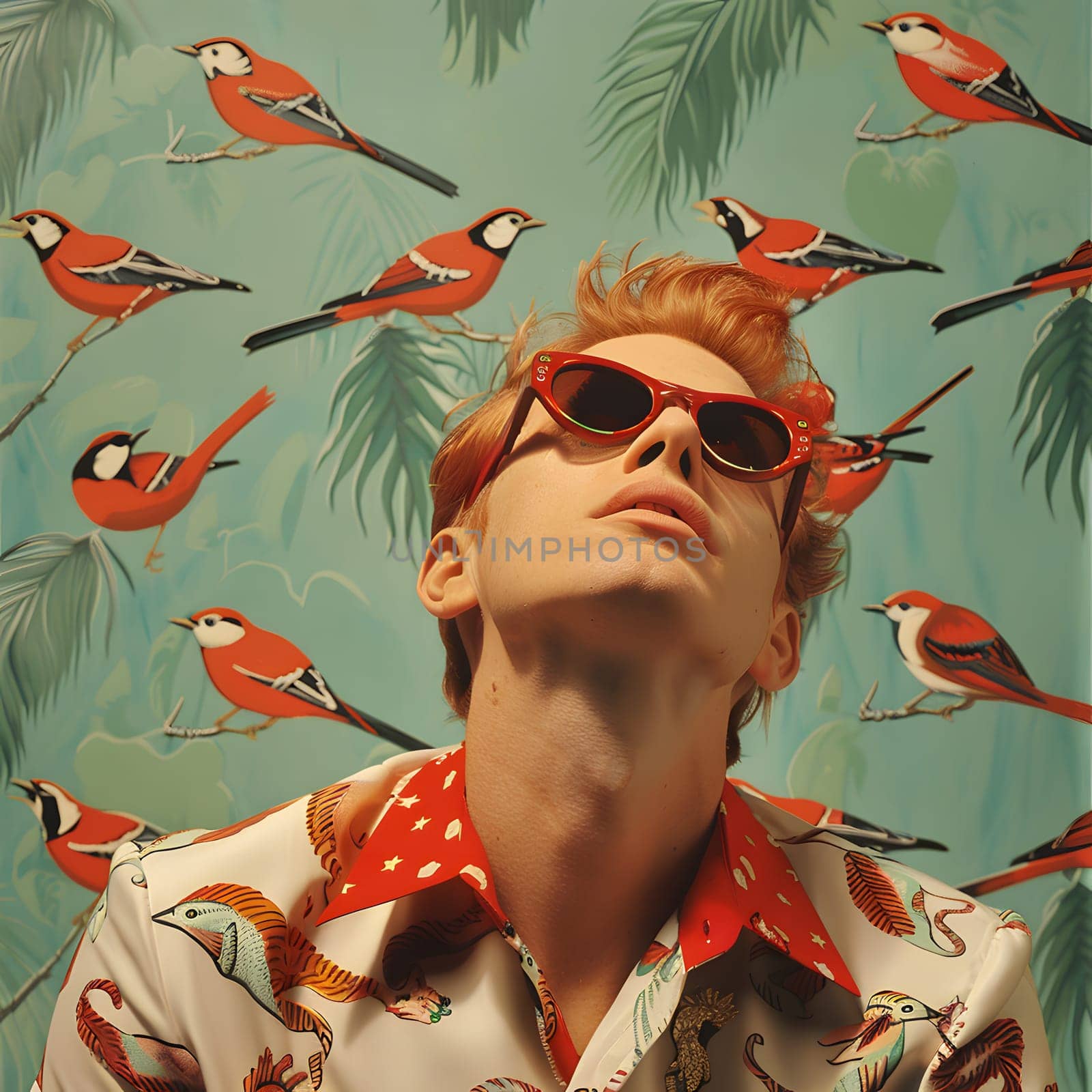 A man in avianthemed attire, wearing sunglasses, exemplifying a blend of fashion and art through his creative choice of eyewear and clothing
