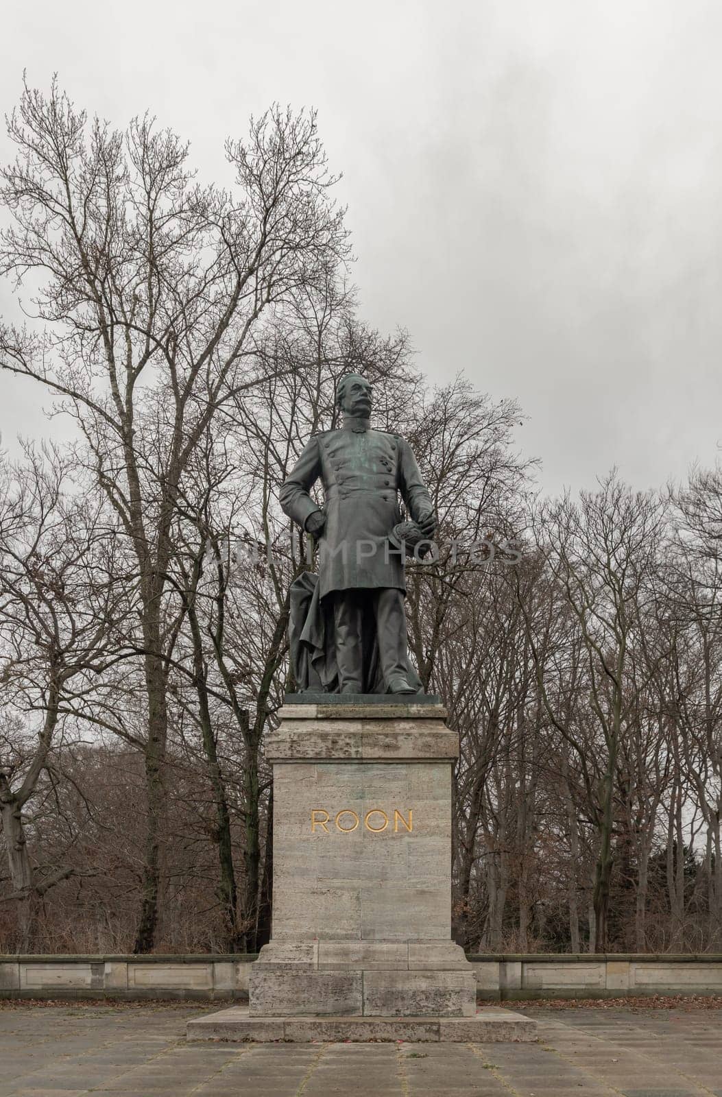 Berlin, Germany - Dec 20, 2023 - This Prominent Bronze Statue of Albrecht Theodor Emil Graf (count) von Roon, is dedicated to Prussian soldier, statesman and Minister of War. near the Berlin Victory Column's in Tiergarten, Space for text, Selective focus.