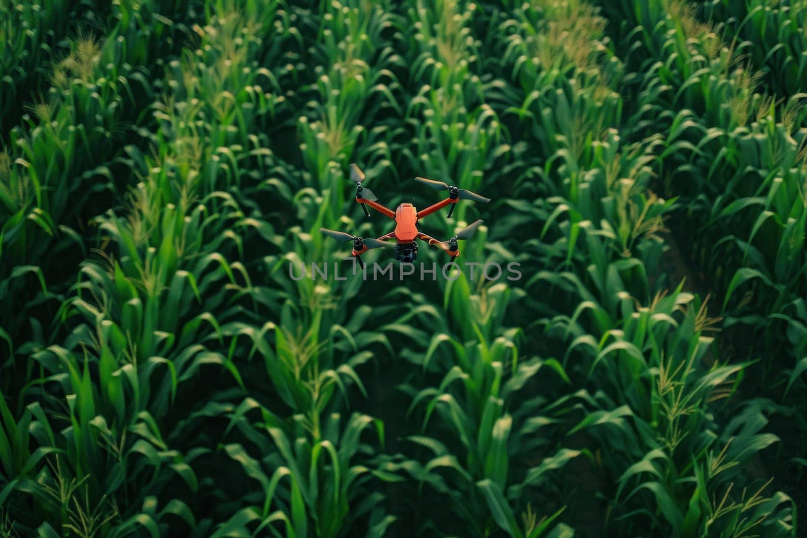 Red drone flying over verdant corn field in the heart of lush green landscape by Vichizh