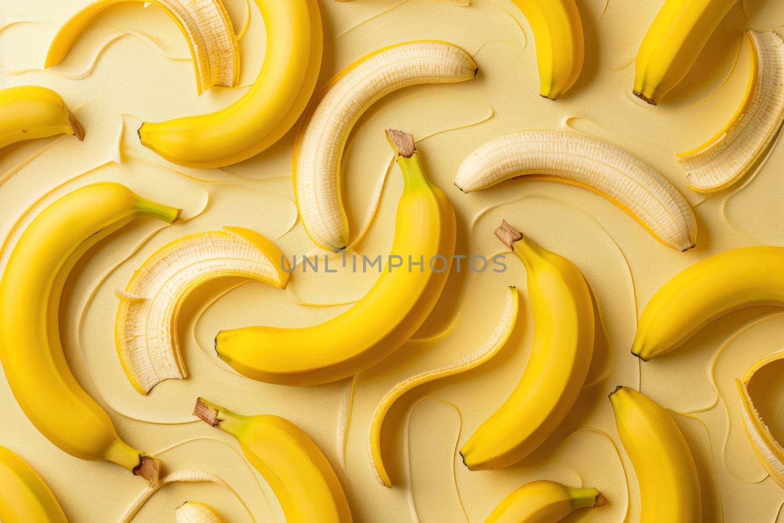 Pattern of bananas with white frosting on white surface, healthy snack design for food and nutrition concept by Vichizh