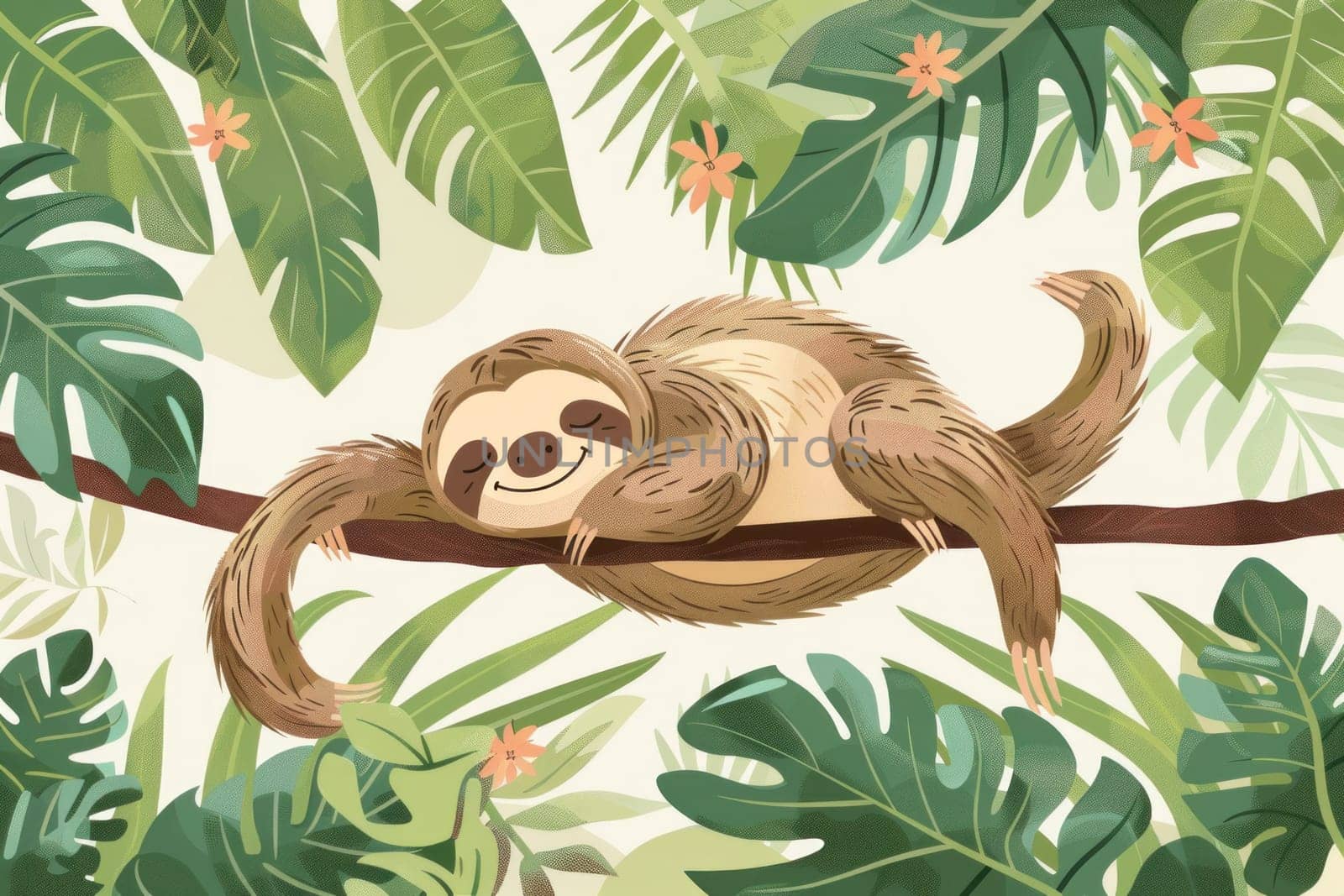 Cute sleeping sloth on tree branch in jungle wildlife illustration for travel and nature lovers by Vichizh