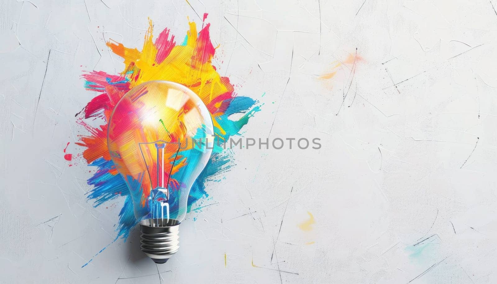 Lightbulb with colorful paint splatters, creative concept for art and design inspiration