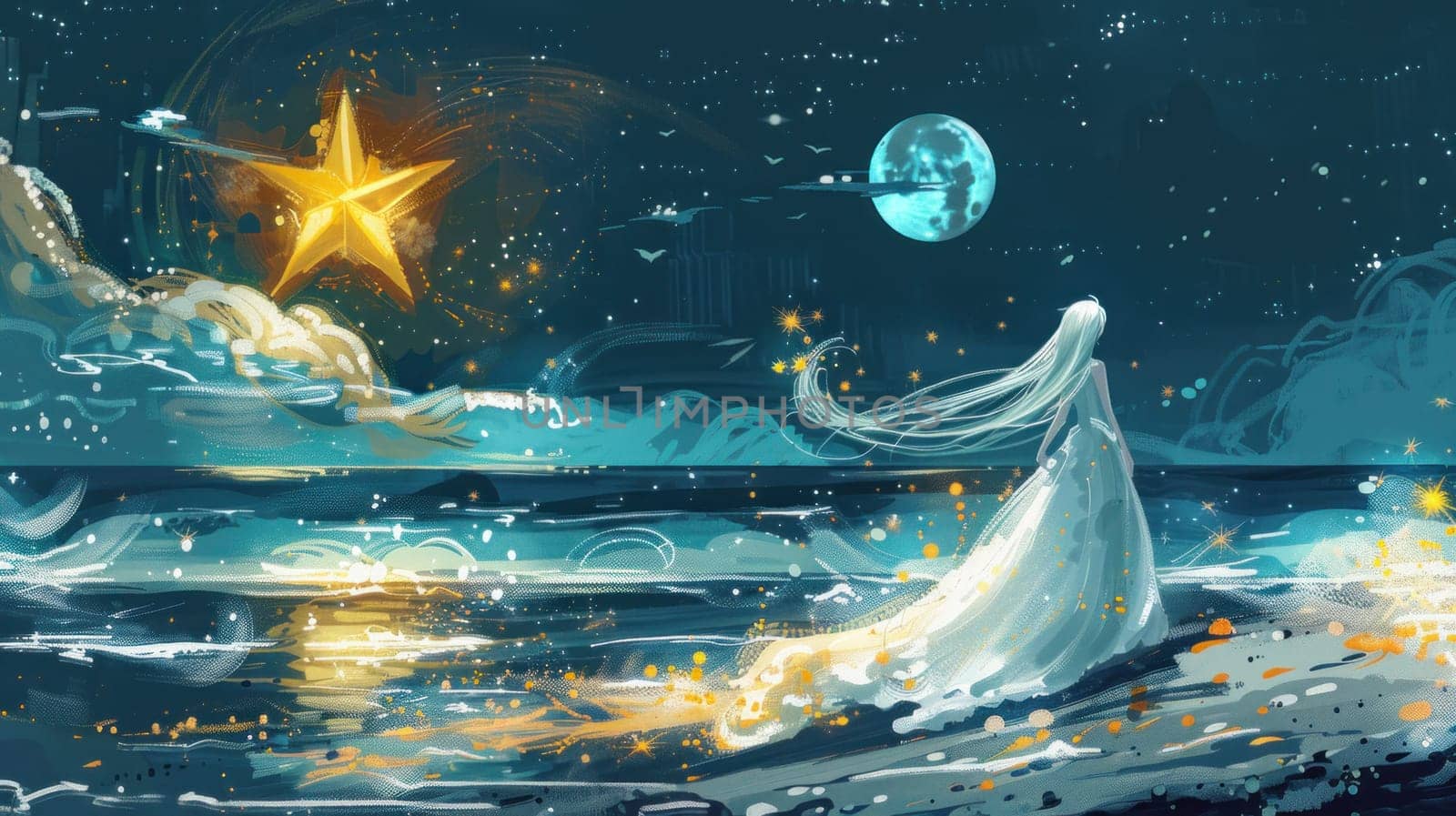 Woman in white dress enjoying starlit beach vacation beauty and tranquility under the night sky by Vichizh