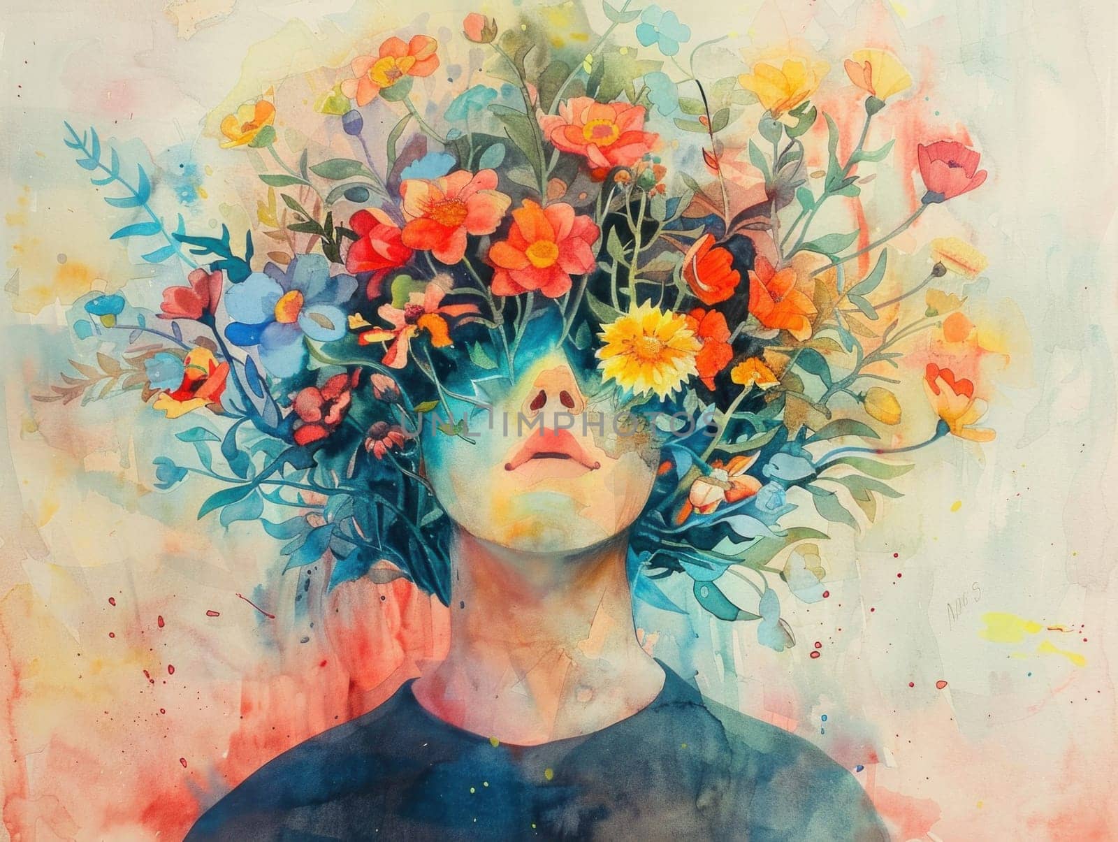 Watercolor painting of a woman with flowers in her hair and flowers on her head, beauty and nature art concept