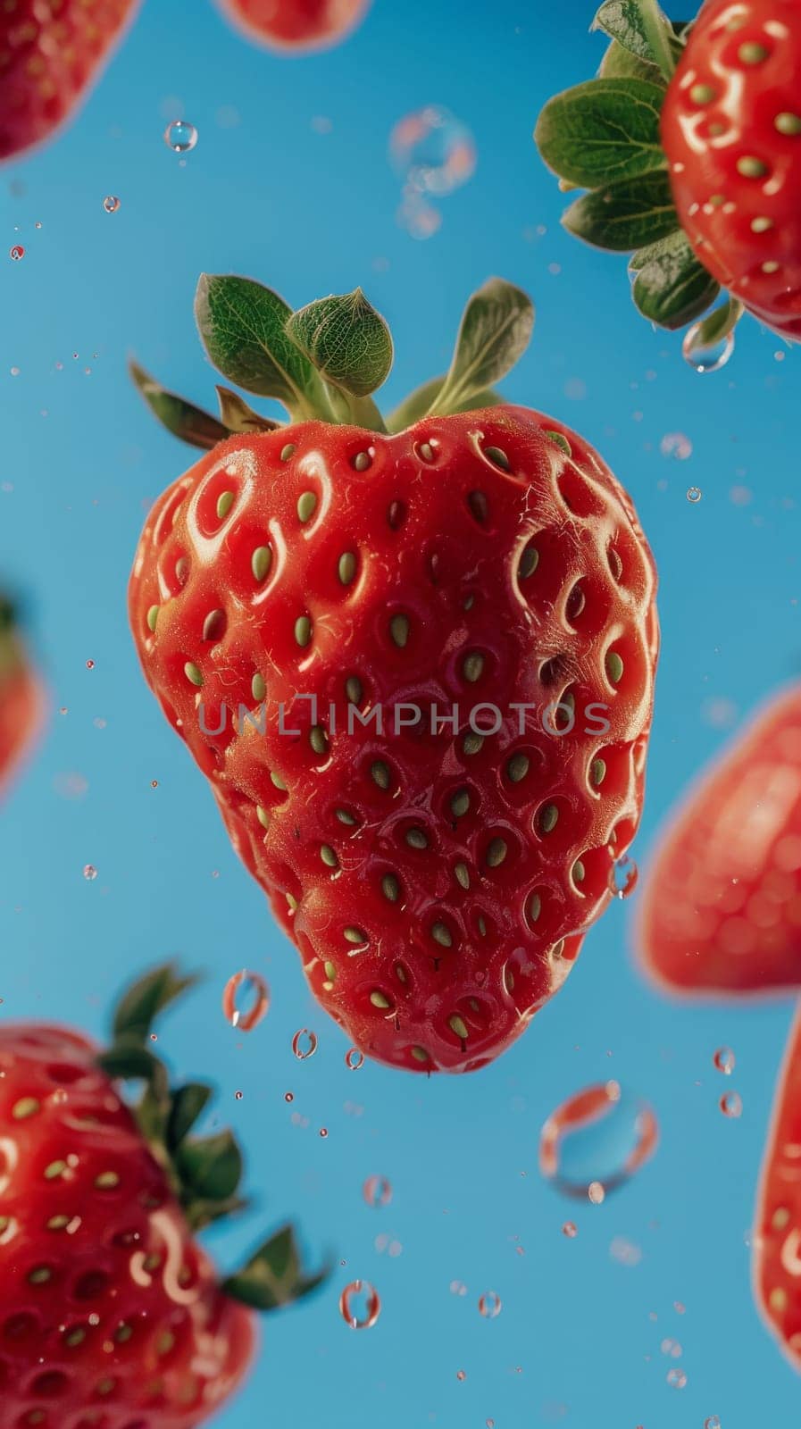 Close-up of fresh strawberries with water droplets against a blue background