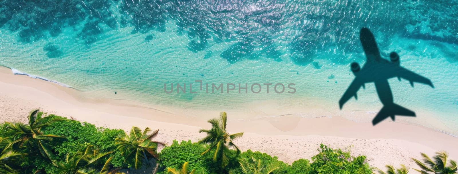 Scenic tropical beach paradise with palm trees and airplane flying travel adventure concept image