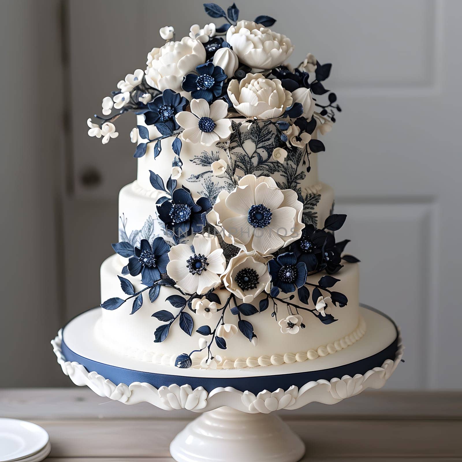 A threetiered wedding cake adorned with blue and white flowers displayed on a cake stand, creating a beautiful centerpiece for the reception