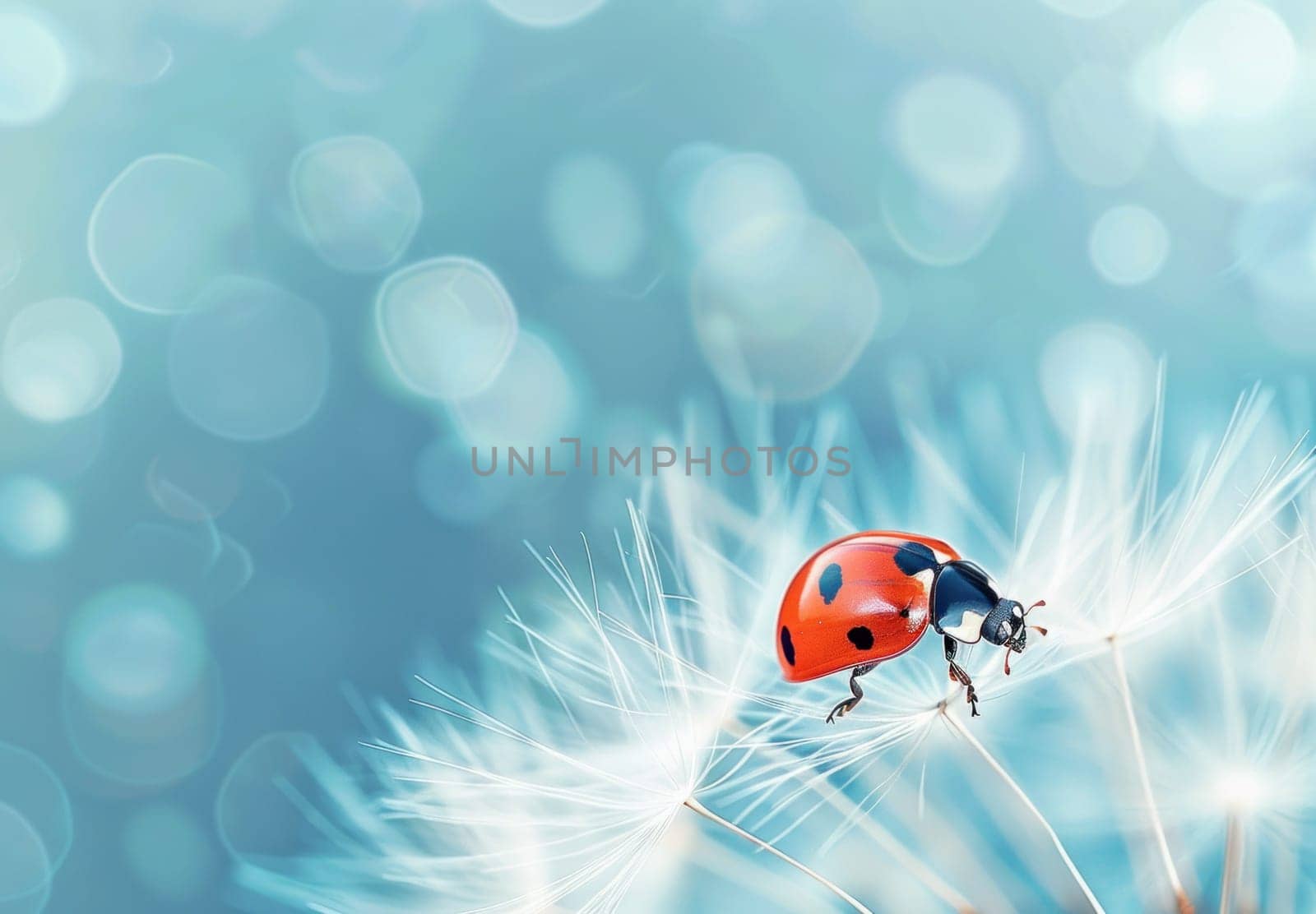 Peaceful ladybug resting on vibrant dandelion against serene blue sky background by Vichizh