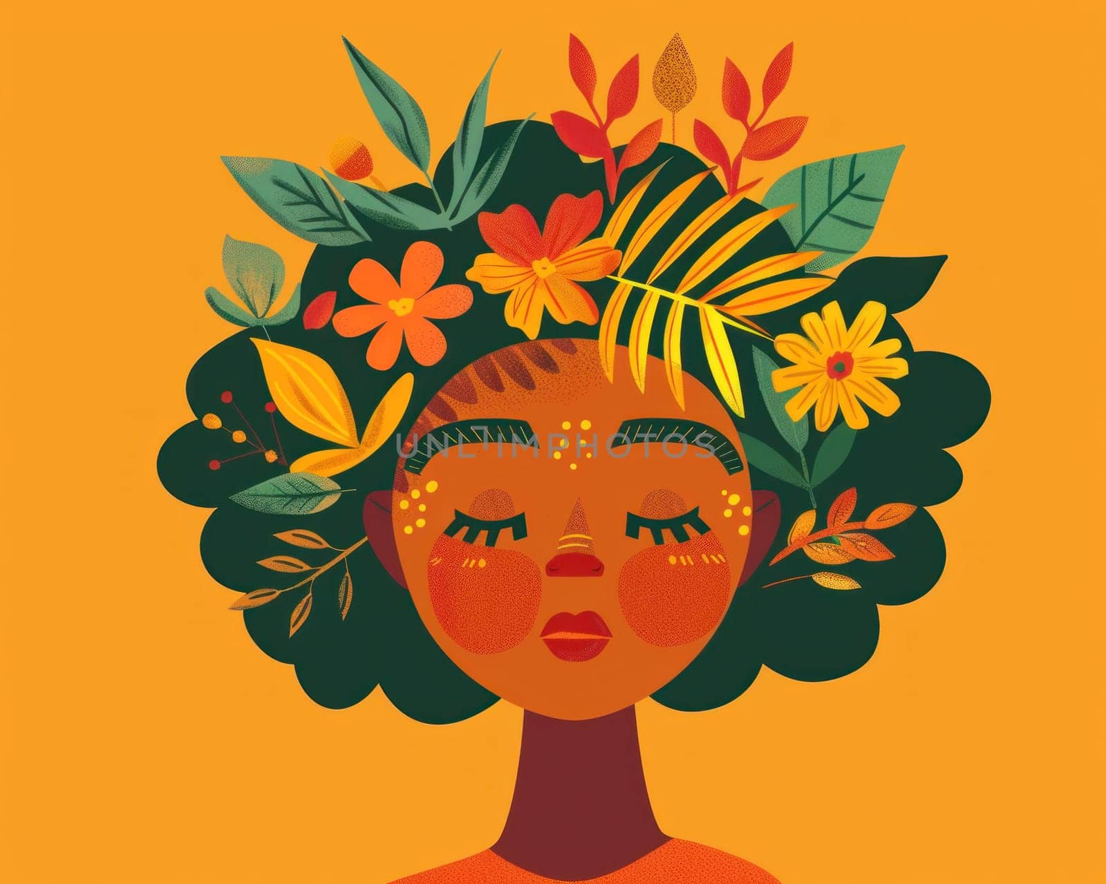 African american woman with flower wreath on head, beauty and fashion concept illustration by Vichizh