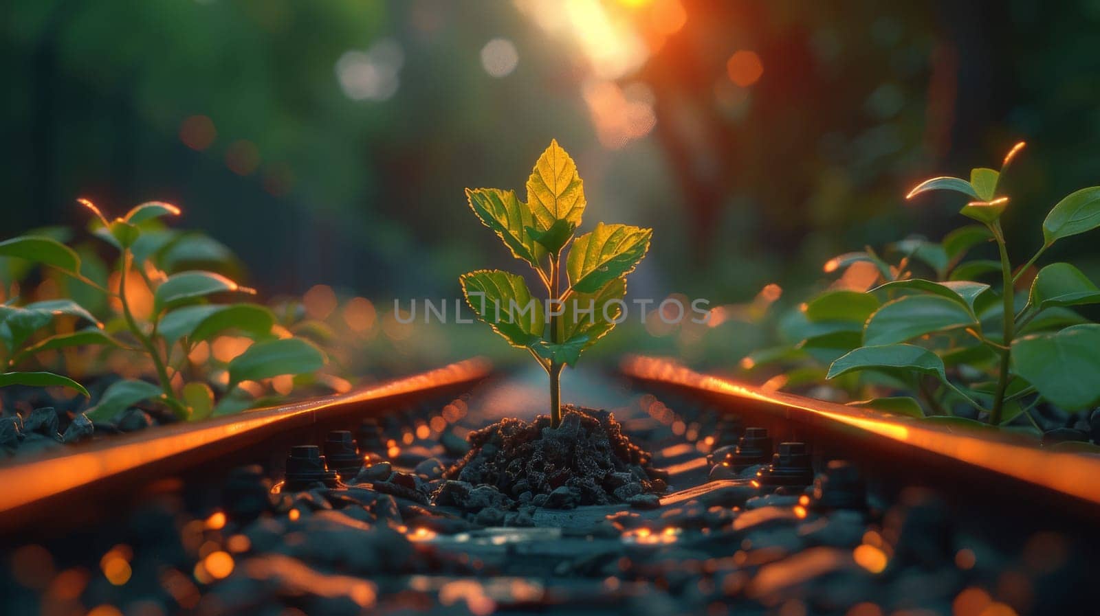 Young plant growing on a railway track during sunset