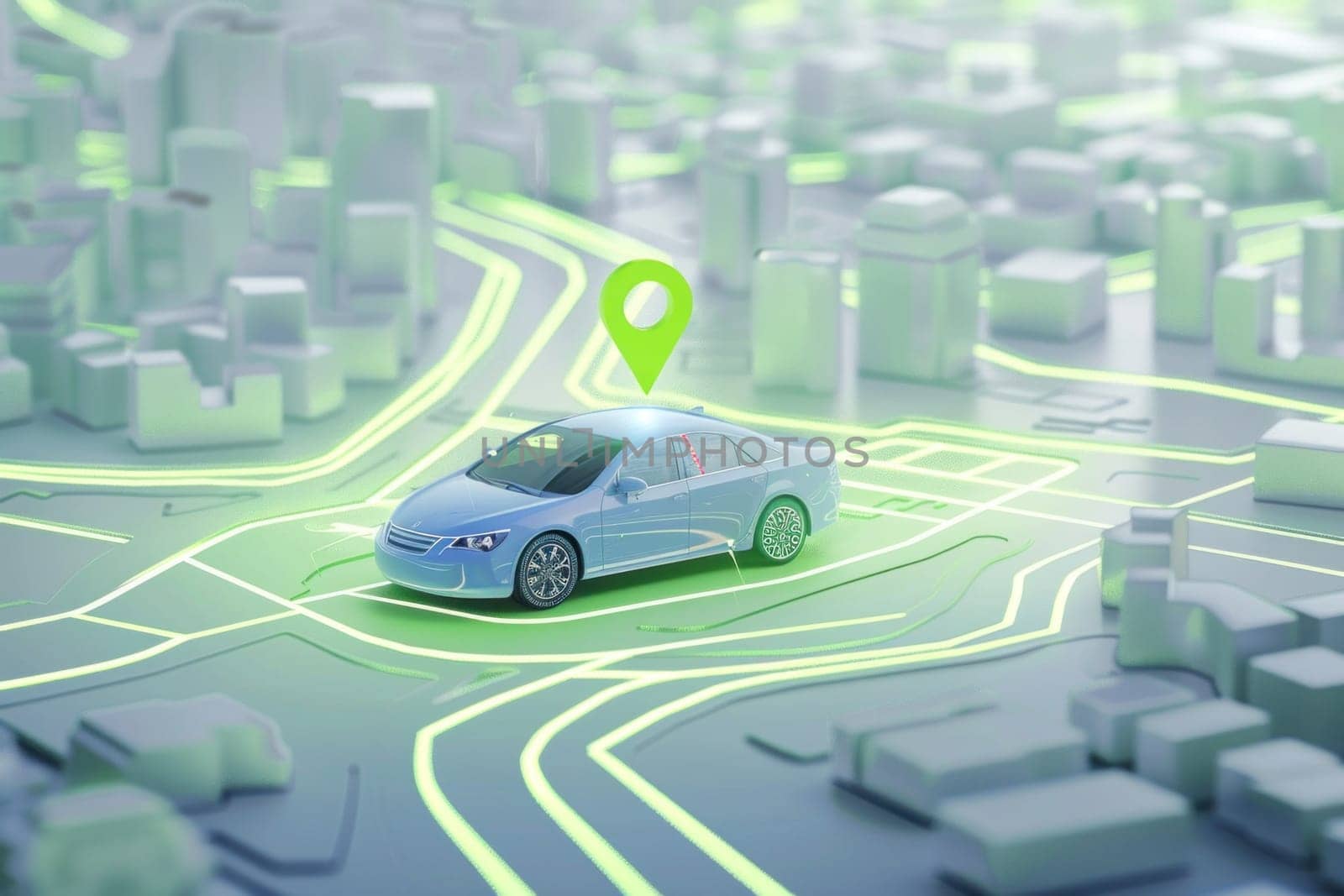 Car navigation in urban city environment with gps marker on map for travel and business planning concept