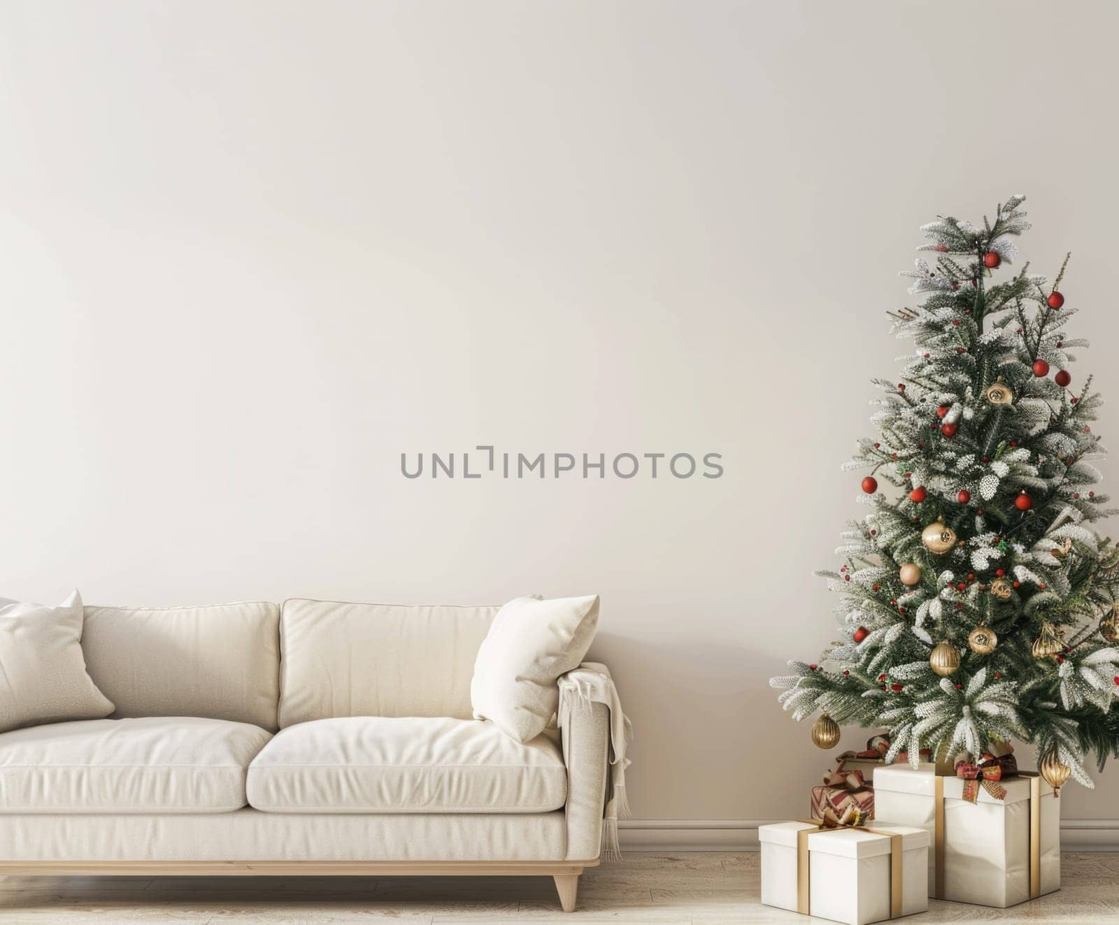 Christmas tree and white couch in elegant living room with copy space for holiday decor stock photo by Vichizh