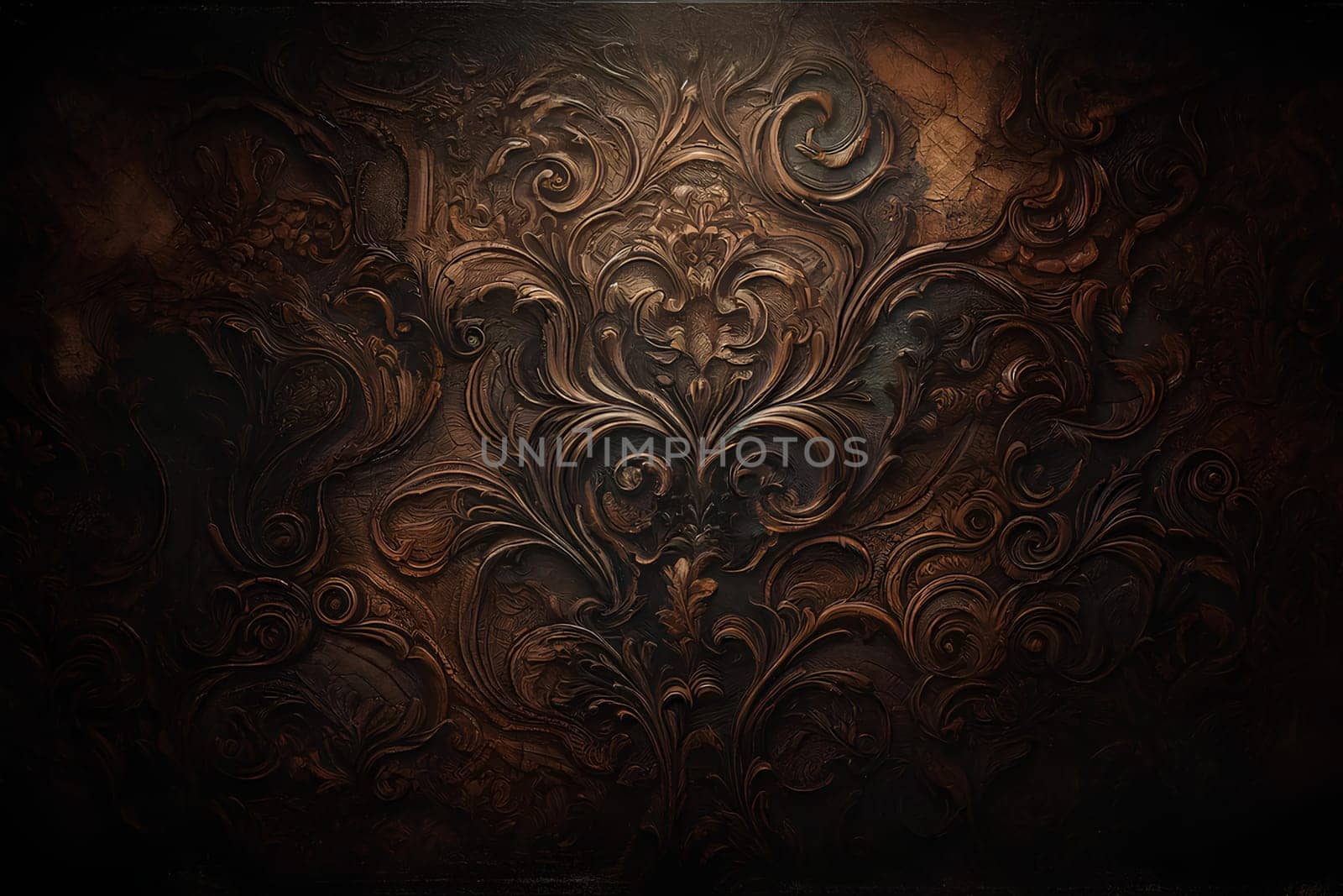 dark brown vintage background with carved monogram pattern.