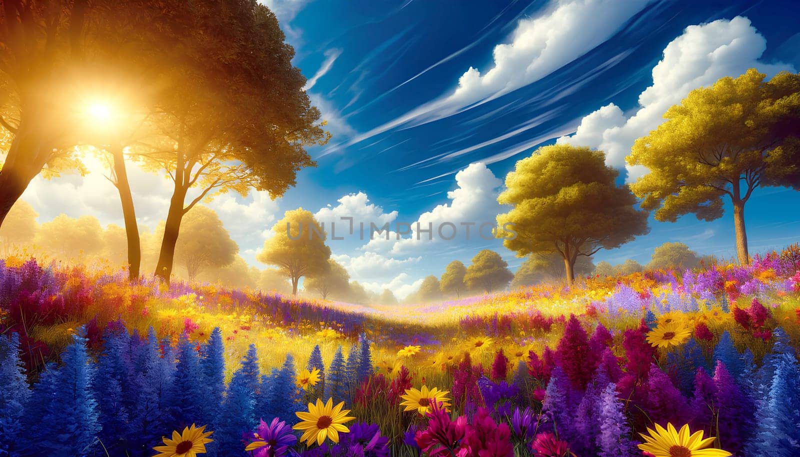bright May background, blooming meadow on a sunny day.
