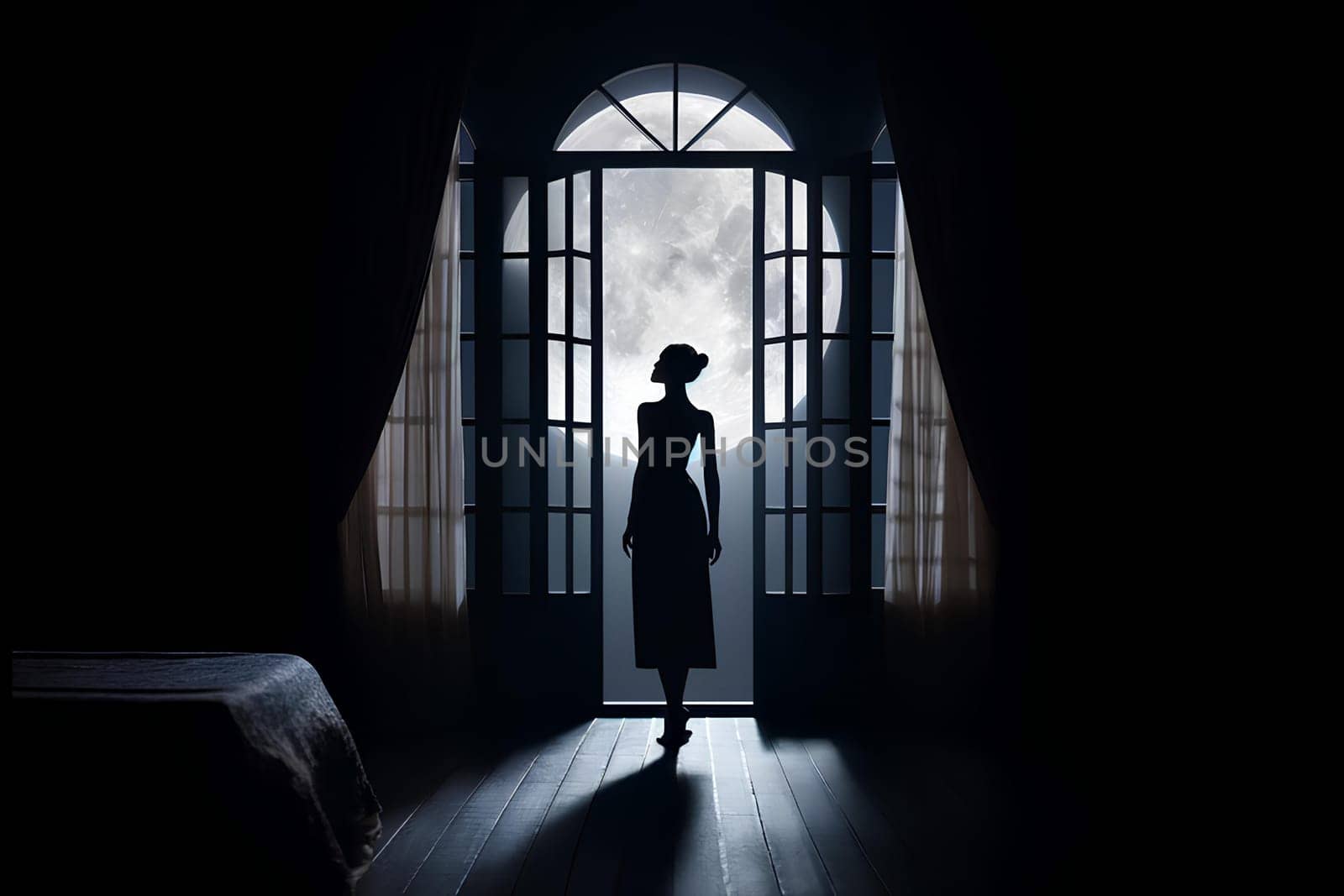 the silhouette of a slender woman standing in a dark bedroom at a French window illuminated by moonlight.
