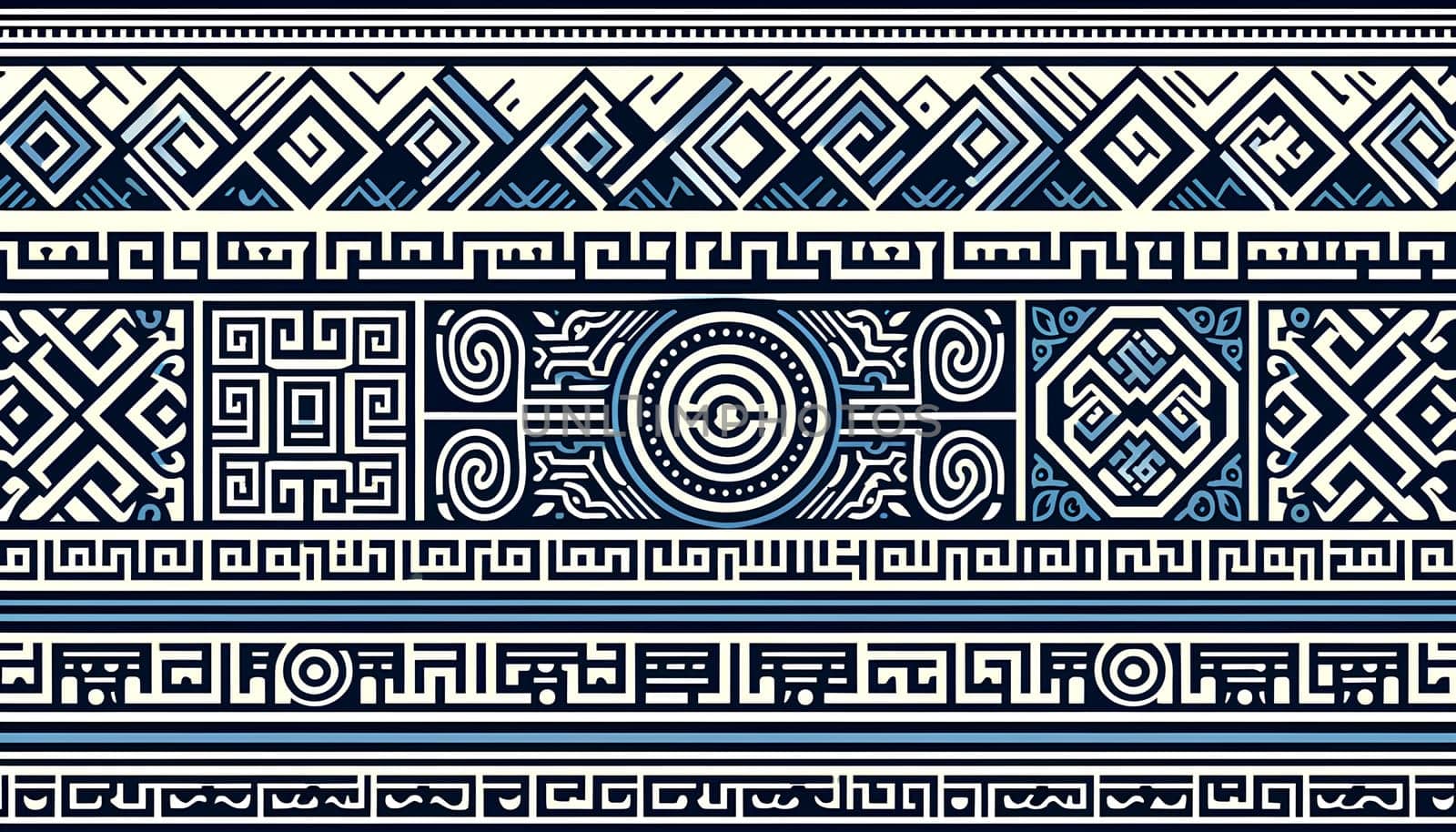 Horizontal pattern of traditional Greek ornament, featuring geometric shapes and meander designs in classic blue and white colors.