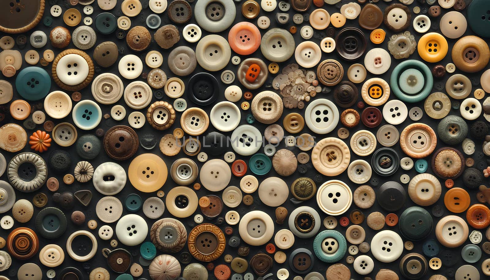 Horizontal pattern of assorted vintage buttons in various sizes and colors.