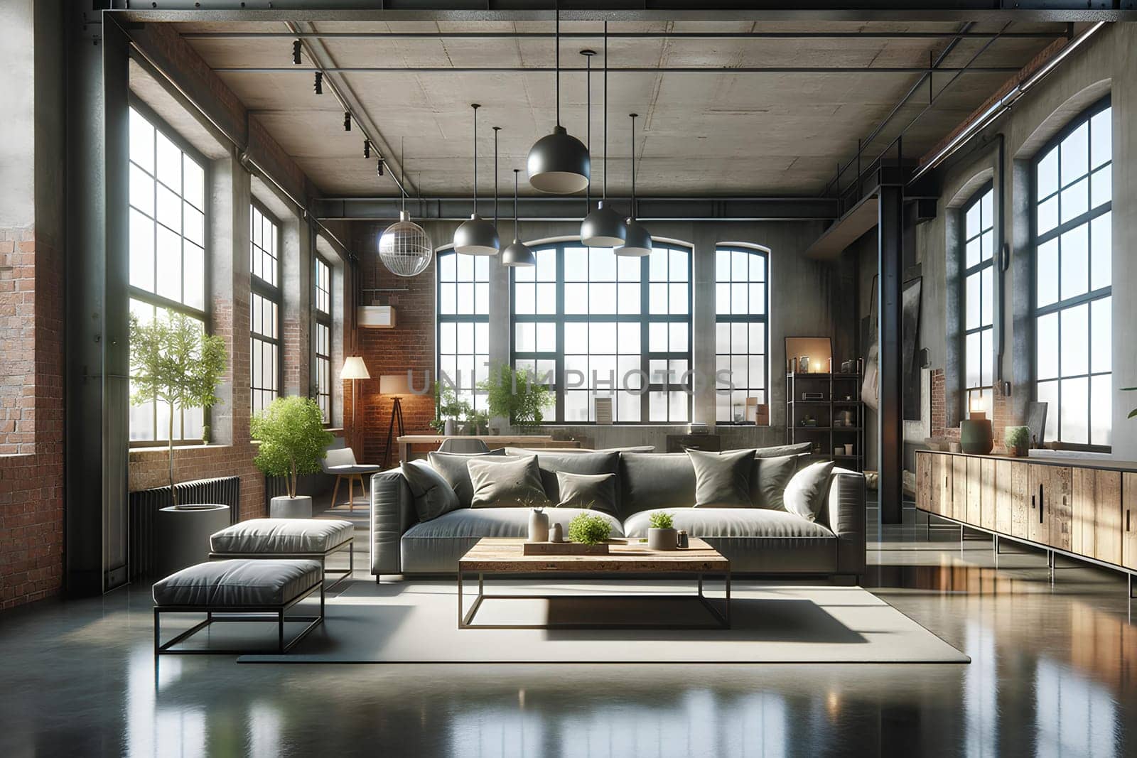 loft style living room interior with exposed brick walls and large industrial windows.