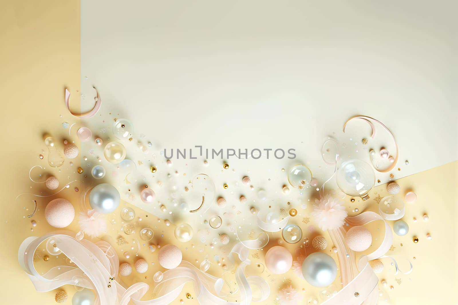light and airy holiday background on a pastel yellow background with graceful ribbons, transparent bubbles and beads, copy space.
