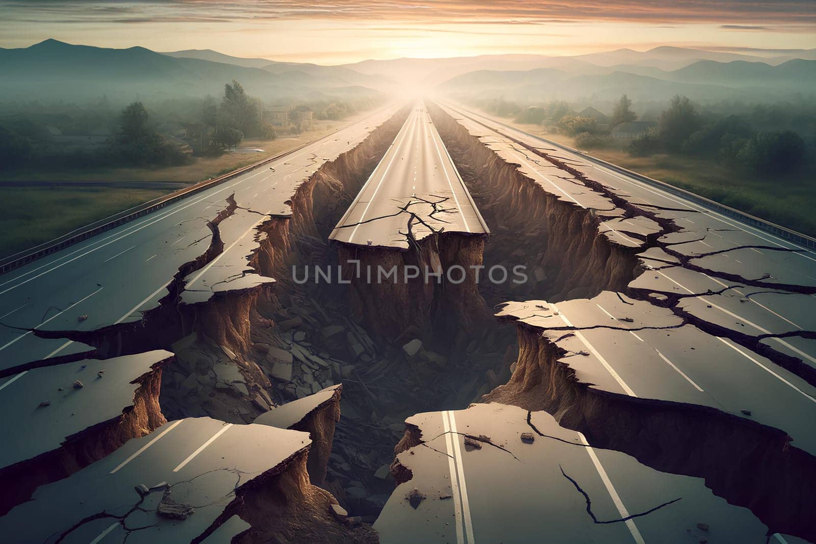 highway damaged by earthquake, section of highway with significant cracks.