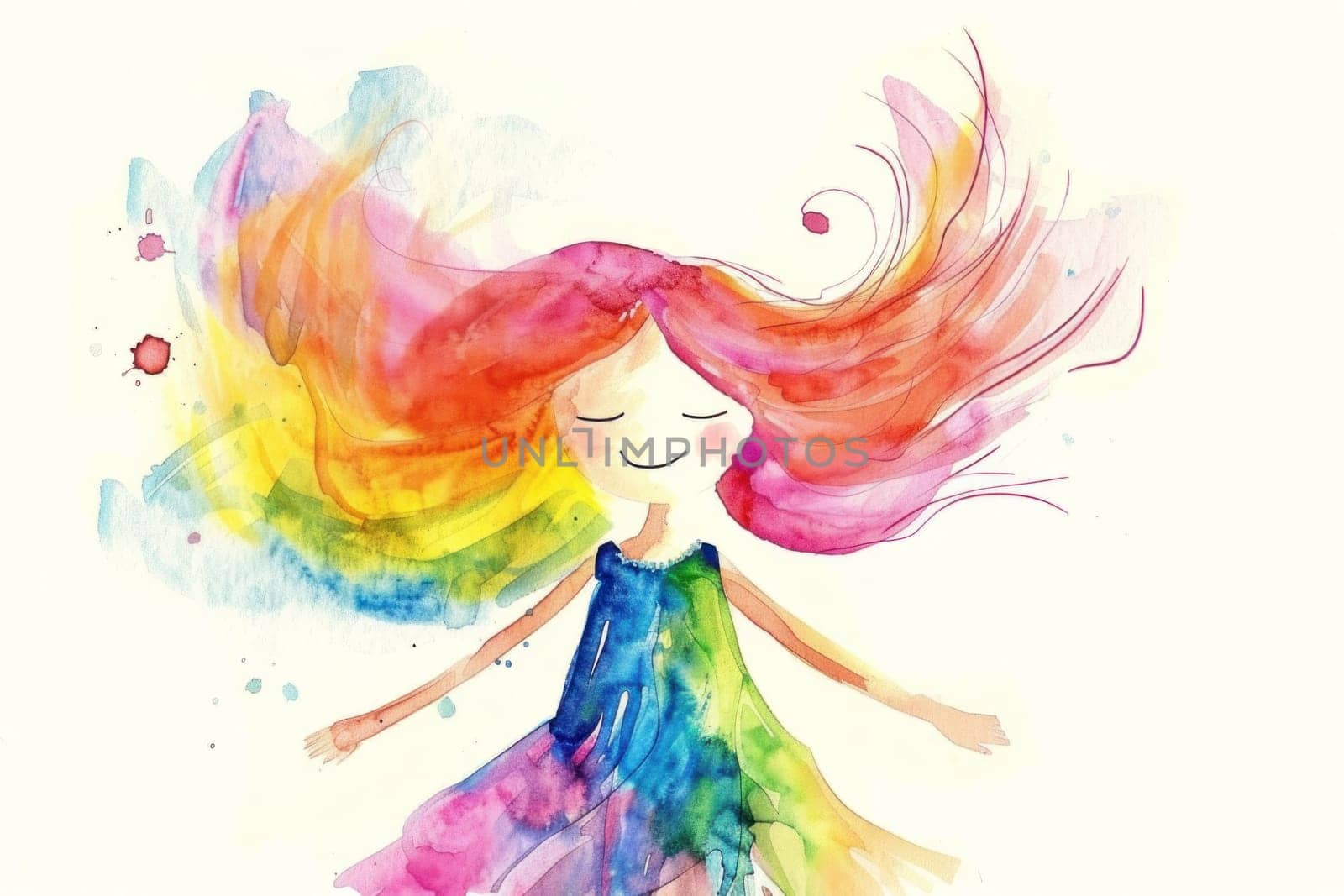 Colorful hair girl with rainbow dress in vibrant watercolor illustration on white background, art, beauty, fashion, happy, fantasy by Vichizh