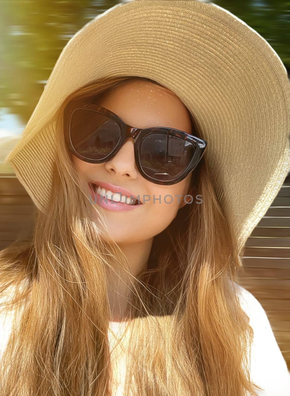 Beauty, summer holiday and fashion, face portrait of happy woman wearing hat and sunglasses, for skincare cosmetics, sunscreen spf lifestyle look by Anneleven