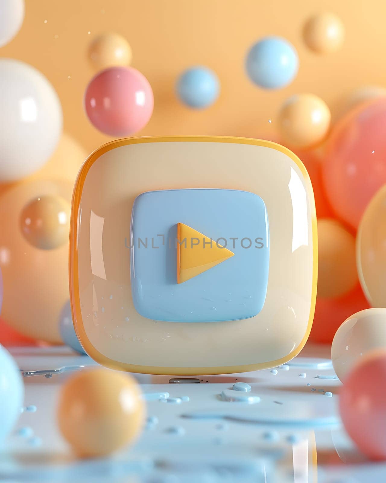 An orange play button surrounded by colorful plastic balls on a table by Nadtochiy