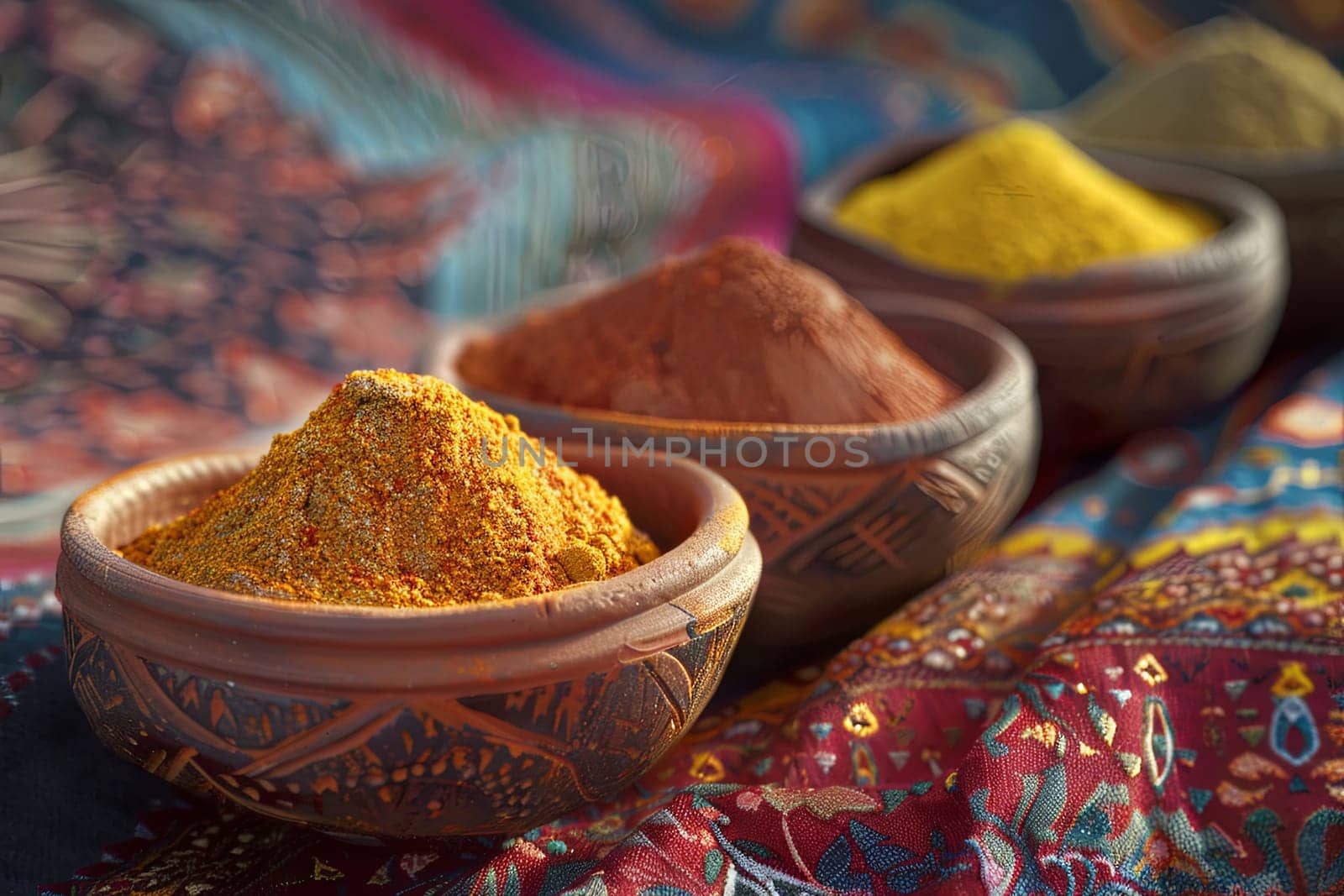 Close-up of traditional Moroccan spices in clay bowls, displayed on a colorful fabric background.