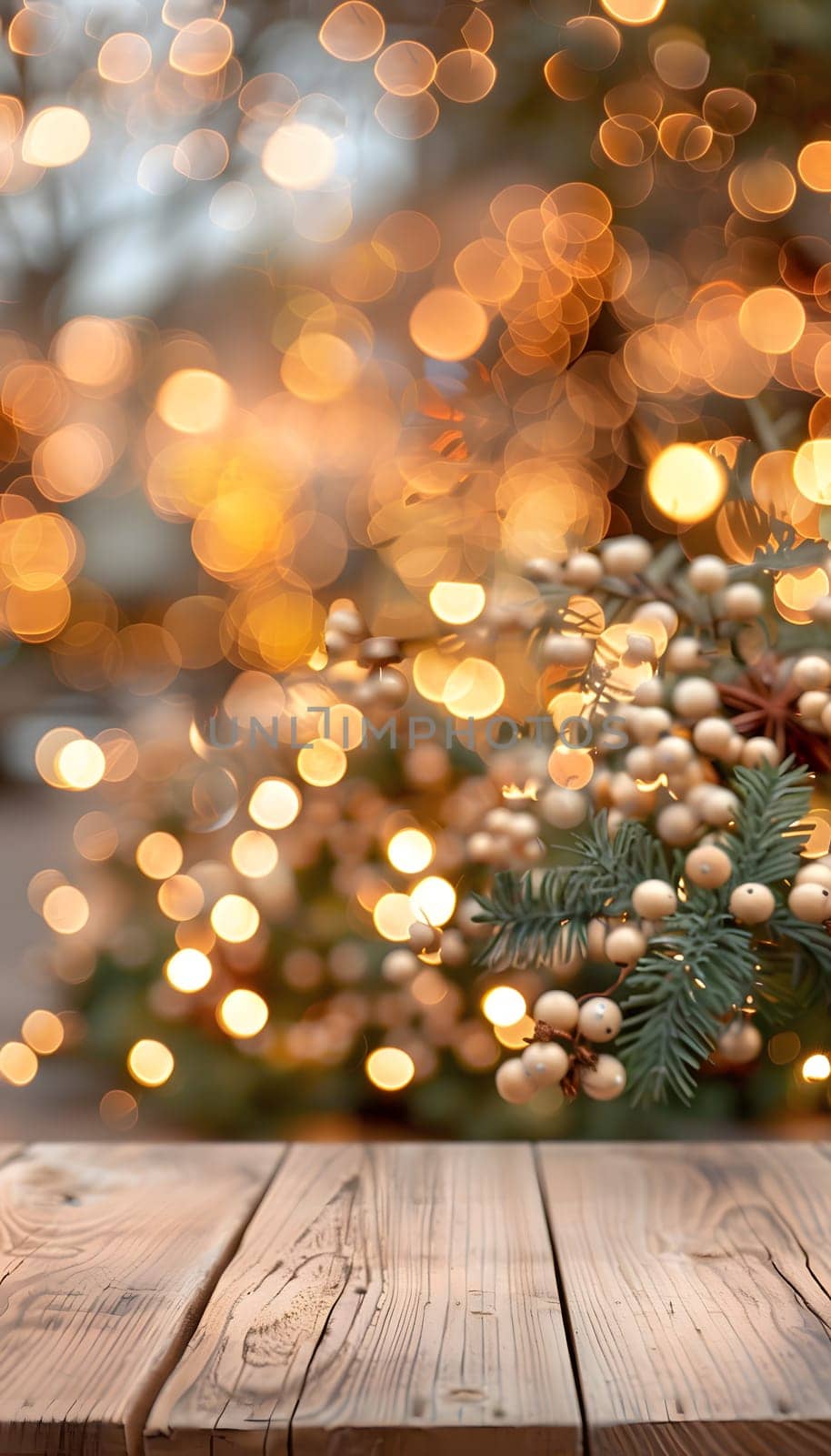 A wooden table adorned with a Christmas tree in the background. The tree is decorated with festive ornaments, twigs, and fashion accessories, creating a magical holiday ambiance for the event