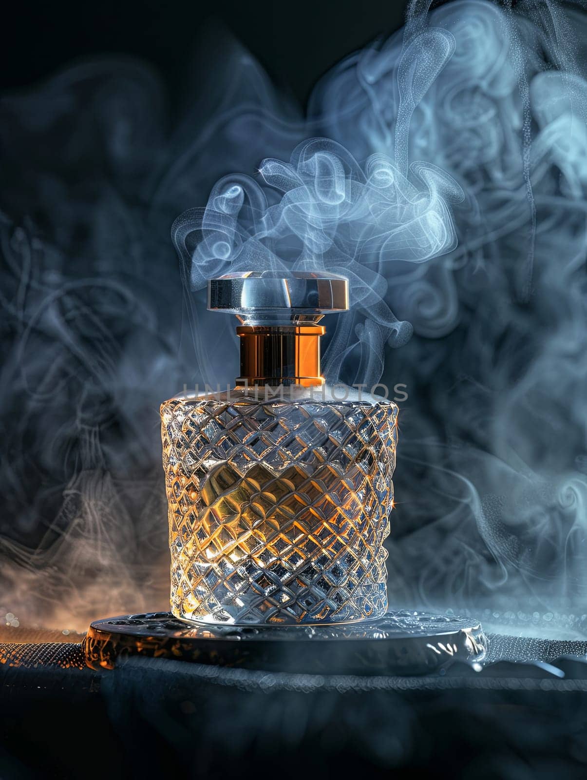 A close-up of a luxurious perfume bottle emitting a delicate plume of smoke against a dark background. Generative AI by AnatoliiFoto