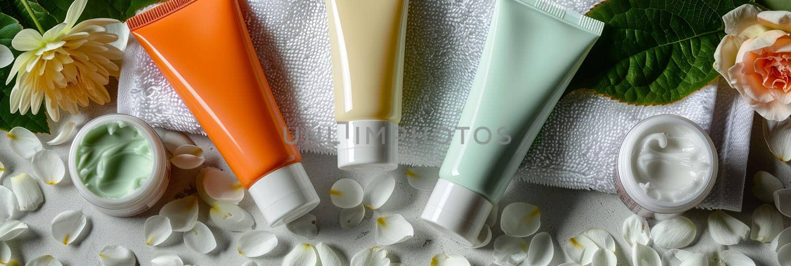 Tubes of hand and foot cream on a background of white towels and flower petals.