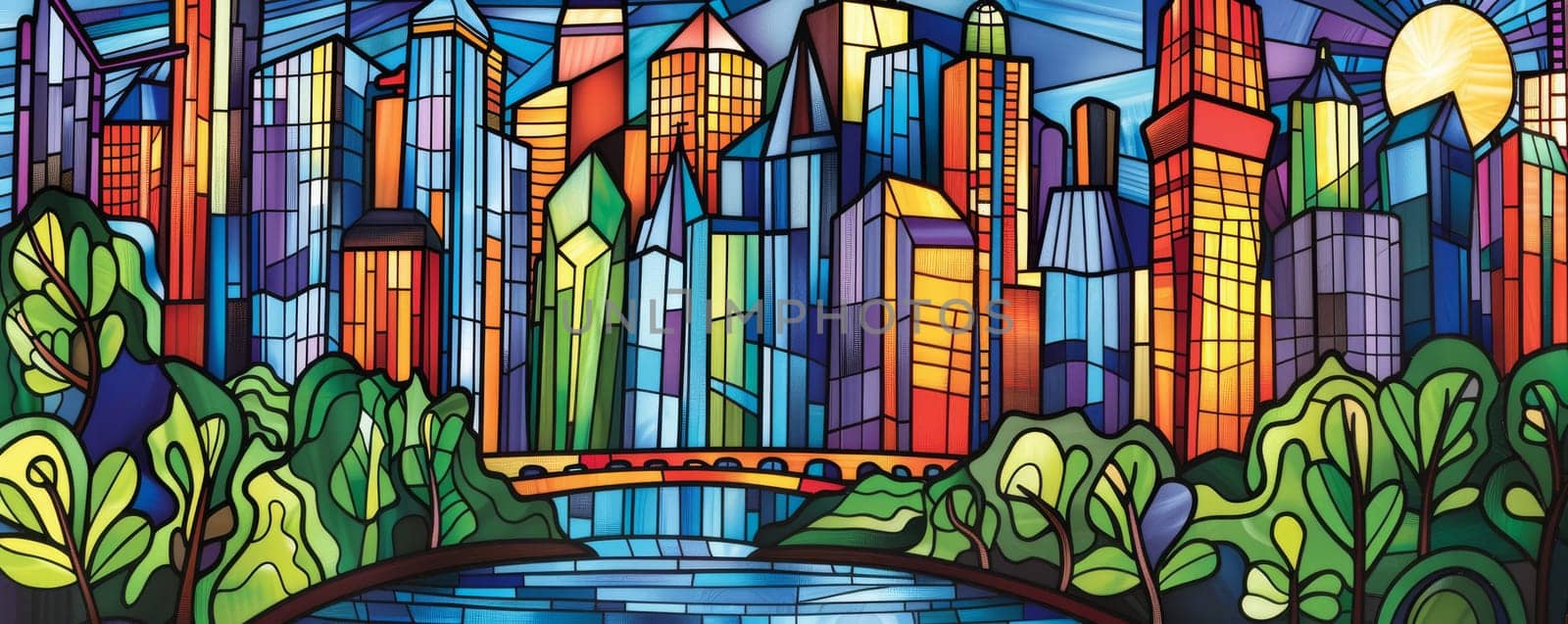Stained glass art of a colorful cityscape with trees and a river