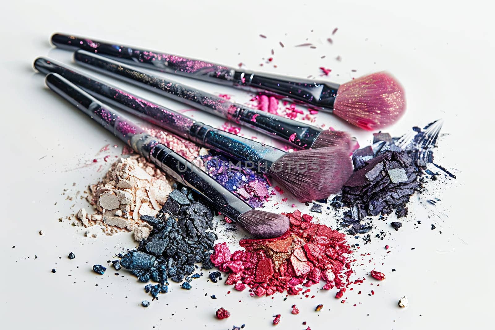 Makeup brushes covered in colorful eyeshadow and blush on a white background.