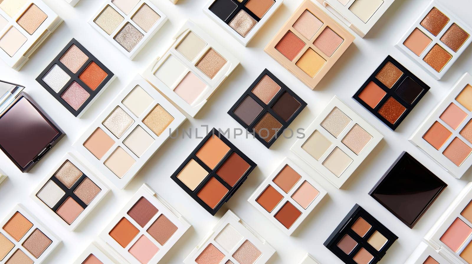 A flat lay showcasing an organized collection of various eye shadow palettes and highlighters, all arranged on a white background.