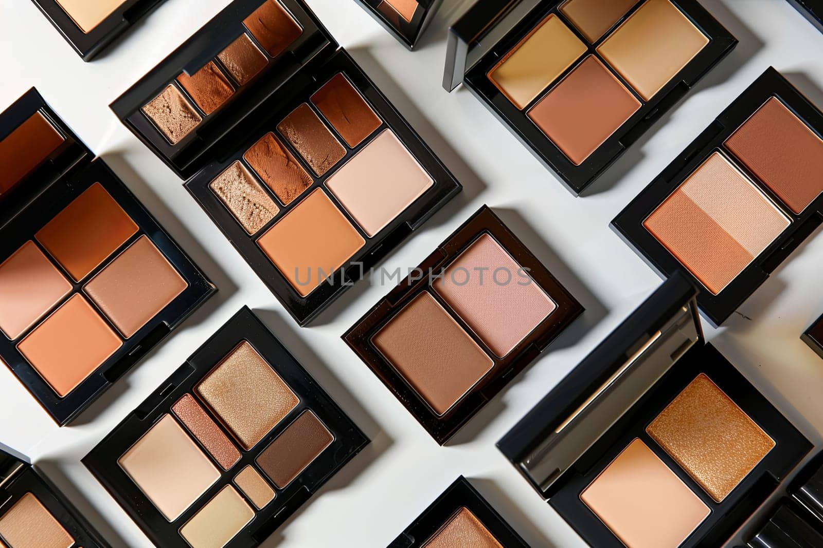 A flat lay image of various contouring palettes and highlighters displayed in a neat and organized manner.